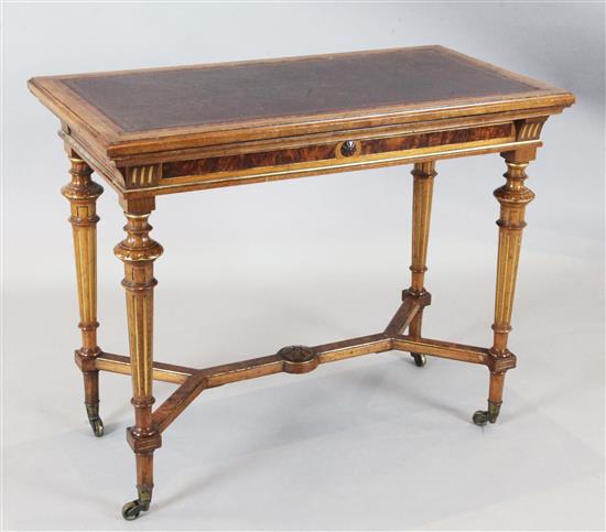 Gillows & Co. A Victorian parcel gilt thuya wood and burr wood combined card and writing table, W.3ft D.1ft 7in. H.2ft 5in.